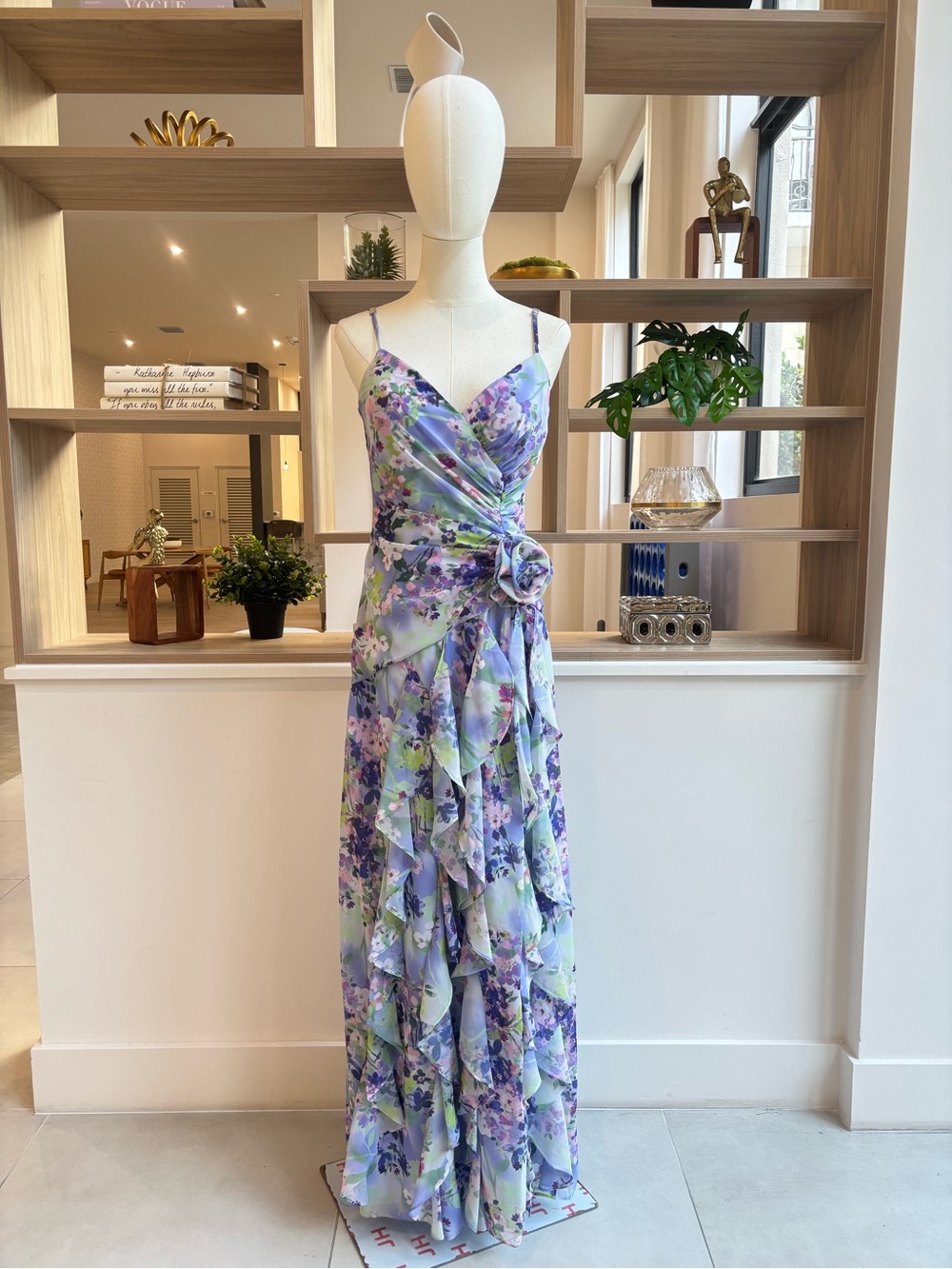 Xscape Lavender Floral Ruffle Maxi Dress